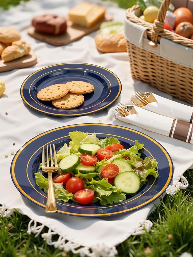 175PCS Blue and Gold Plastic Plates - Navy Blue Plates with Pre Rolled Napkins for Party - 25Guest Disposable Dinnerware Sets for Party/Birthday/Wedding/Passover/Easter