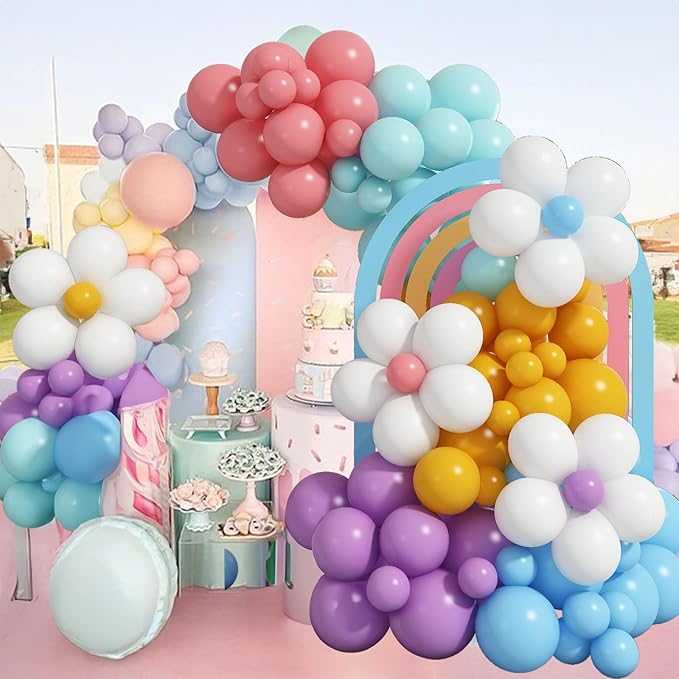 Balloon Garland Kit Blue Teal Dusty Pink, 119 PCS Baby Blue Teal Retro Blush Pink Purple Yellow Balloon Arch with Flower Balloon DIY Kit, Different Sizes Balloons for Groovy Birthday Party Decorations
