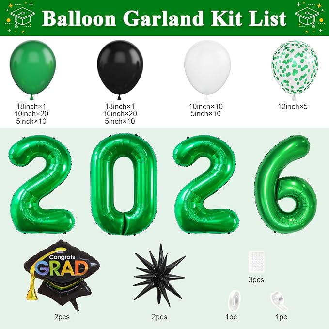Graduation Balloons Garland Arch Kit, Graduation Balloon Class of 2026, Green and Black White Balloons with Foil Balloon for Class of 2026 Party Decor