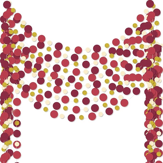 Outus 10 Pieces Maroon,Gold Round Dots Garland Easter Graduation Party Hanging Decor Each Length 13.1ft Glitter Paper Dot Streamers for Birthday Wedding Classroom