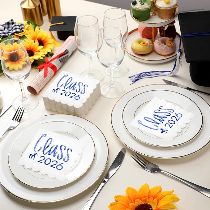 100 Pcs Class of 2026 Graduation Cocktail Napkins 5 x 5 Inch Congrats Grad Scalloped Paper Napkins for Dinner Beverage Graduate Decorations(Blue)