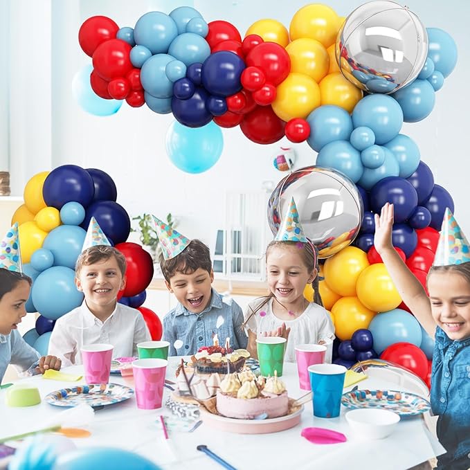 Red Blue Yellow Balloon Arch Kit with 4D Silver Ball Foil Balloons, Dusty Navy Blue Red Yellow Latex Balloons Garland for Carnival Circus Birthday Baby Shower Party Decorations
