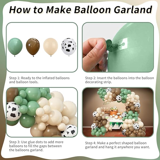 Green and Brown Balloon Arch Garland Kit, Cow Print Balloon Arch Kit Western Retro Olive Sage Green Coffee Brown Beige White Sand Latex Balloons for Cowboy Farm Cowgirl Rodeo Birthday Decor