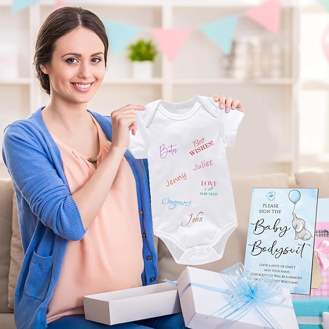 Qunclay 12 Pcs Baby Shower Game Decor with White Unisex Bodysuit Wooden Sign Tabletop Decor and Marker for Guests(Elephant)