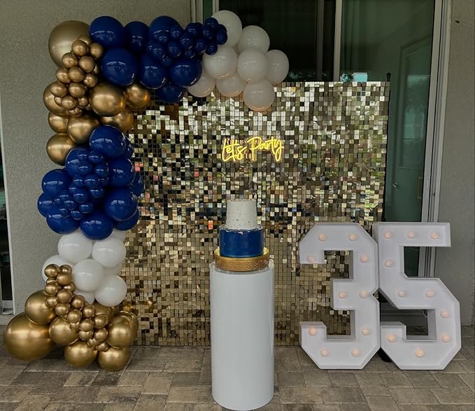 Blue and Gold Balloon Arch Kit, Explosion Star Royal Dark Blue and Metallic Gold White Balloons 22 18 12 10 5 Inch Different Size Balloons for Anniversary Wedding New Year Birthday Decorations