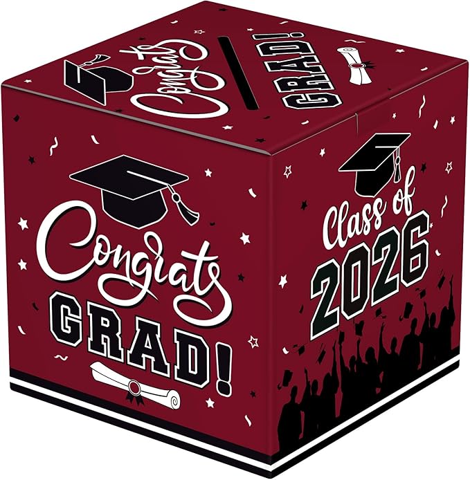 Graduation Card Box 2026 - Congrats Grad Card Boxes Holder, Maroon and Black Class of 2026 Graduation Gift Cards Box for Graduation Party Decorations 2026 Favors Decor Supplies Props,9x 9 x 9 inches