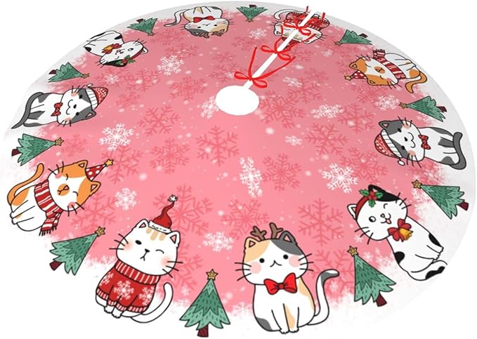 Cute Christmas cat Tree Skirt Xmas Tree Mat Christmas Tree Ornaments Decorations Holiday Party Indoor Outdoor 30"