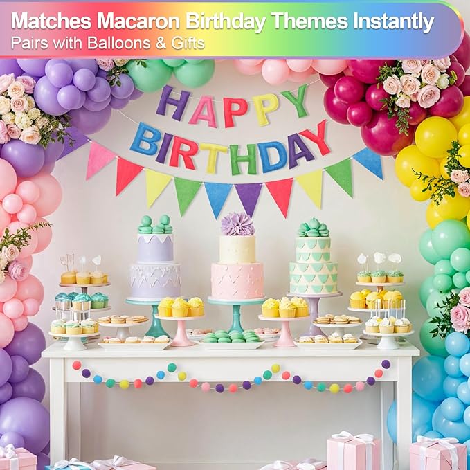 Pre-Strung Happy Birthday Banner & Felt Garland Set - Pastel Birthday Decorations for Women Girls | Reusable Party Supplies for Indoor & Outdoor