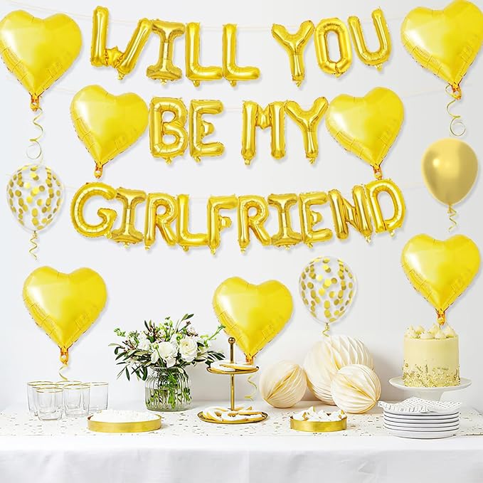 2 Set 16 Inch Will You Be My Girlfriend Balloons Banner, Gold Proposal Letter Balloons with 6 Heart Shaped Balloons for Romantic Decorations, Engagements, Anniversaries, Valentines Day Decor