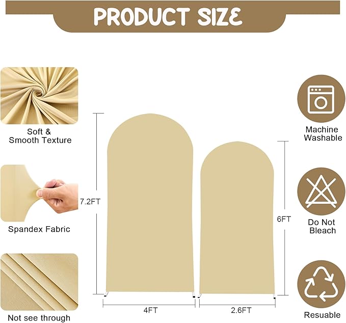 Khaki Arch Backdrop Covers - 7.2FT, 6FT Spandex Fitted Wedding Arch Stand Covers Round Top Chiara Stretchy Arch Backdrop Cover for Wedding Birthday Party Decoration