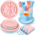 350 Pcs Pink Blue Plates and Napkins, 50 Guest Spring Party Supplies Include Scalloped Paper Plates Napkins Cups Plastic Spoons Forks Knives Disposable Tableware Set for Baby Shower