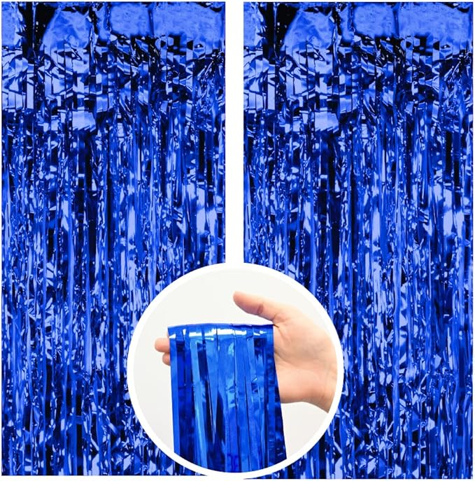 Pack of 2 Royal Blue Foil Fringe Curtains – Blue Tinsel Backdrop for Photo Booth, Birthday, Wedding, Baby Shower, Bachelorette, Christmas & Holiday Party Decorations