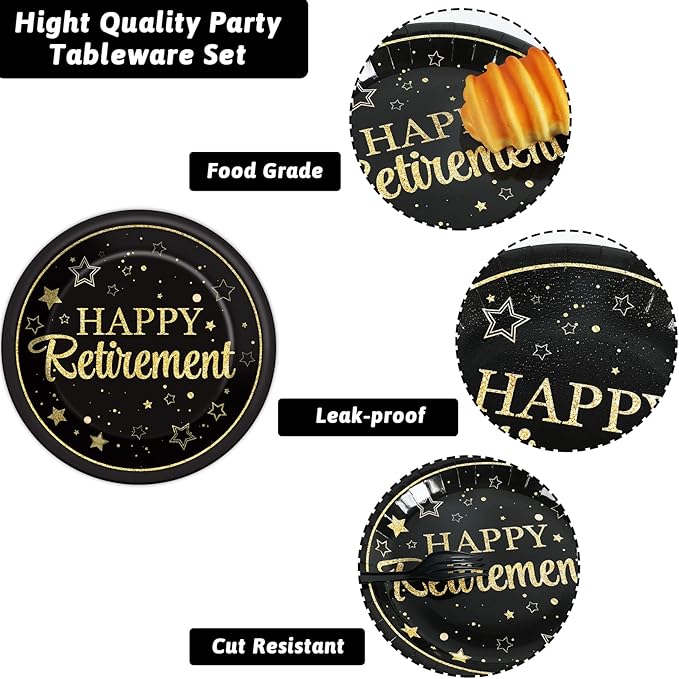50 Guests Retirement Party Decorations Retirement Plates Napkins Set Happy Retirement Black and Golden Disposable Dinnerware Tableware Graduations Decorations Supplies Favors for Women Men, 200Pcs
