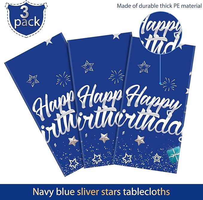 Tegeme Navy Blue Party Supplies Stars Happy Birthday Tablecloths Starry Confetti Table Covers for Kids Boys Girls Baby Shower Birthday Party Decorations(Navy Blue and Silver,3 Pack)