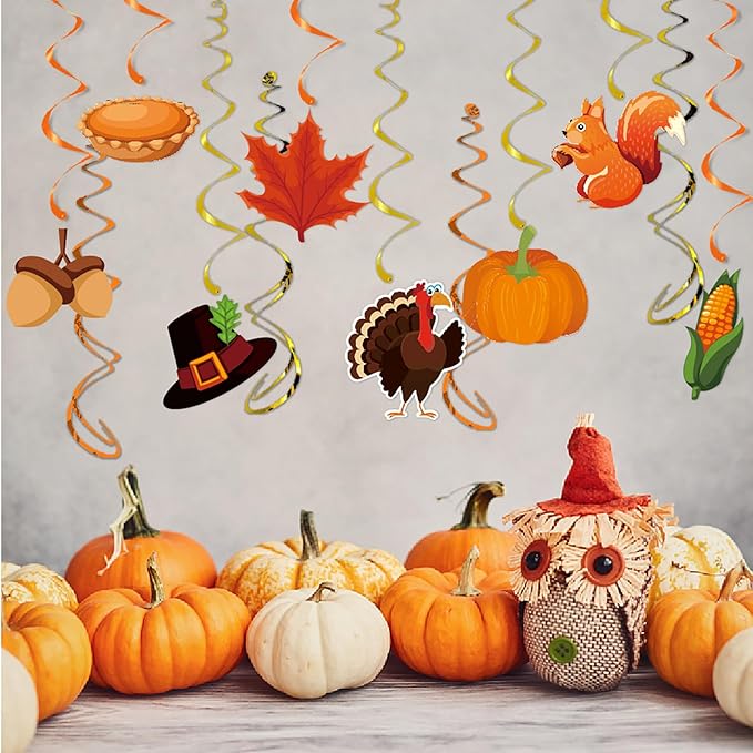 Thanksgiving Fall Hanging Swirls Party-Decorations - 24Pcs Streamers Garland,Turkey Maple Squirrel Pumpkin Ceiling Outdoor Indoor Windows Wall Autumn Baby Bridal Shower Wedding Decor Supplies Hugtmr