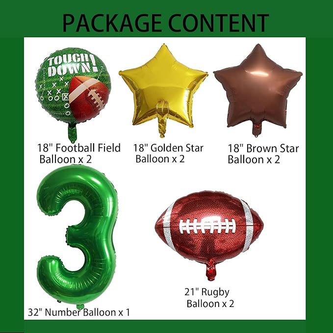 Football Balloons Foil Football Birthday Decorations Balloons Green Number 3 Balloon Gold Brown Star Touchdown Ballons for Rugby Birthday Decorations Sports Ballons Arch Kits Party Balloon Sets 9pcs