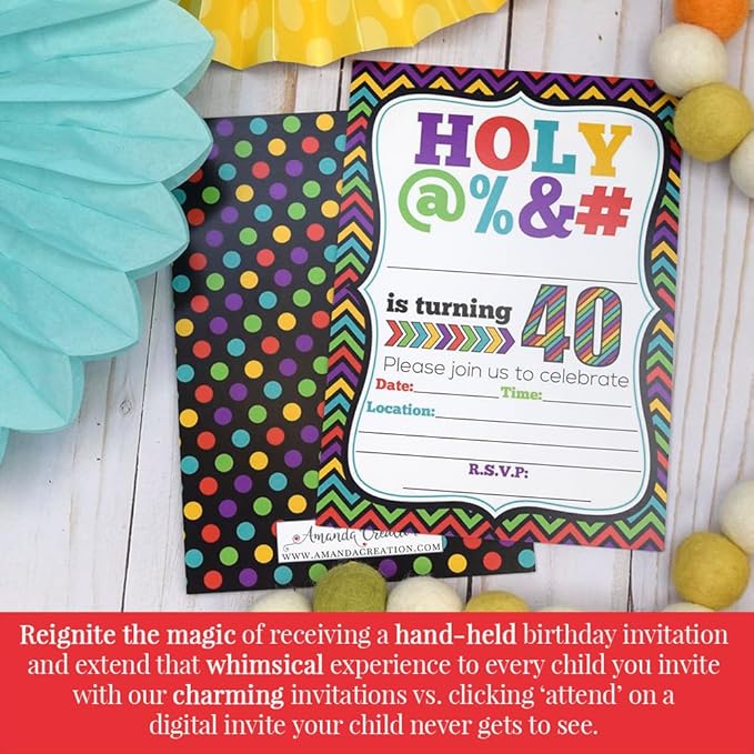 Funny “Holy @%” 40th Birthday Party Theme 20 Invitations 5x7 Fill-In Cards with Envelopes, Adult Humor Design for Milestone Birthday Celebration, Made in USA by Amanda Creation