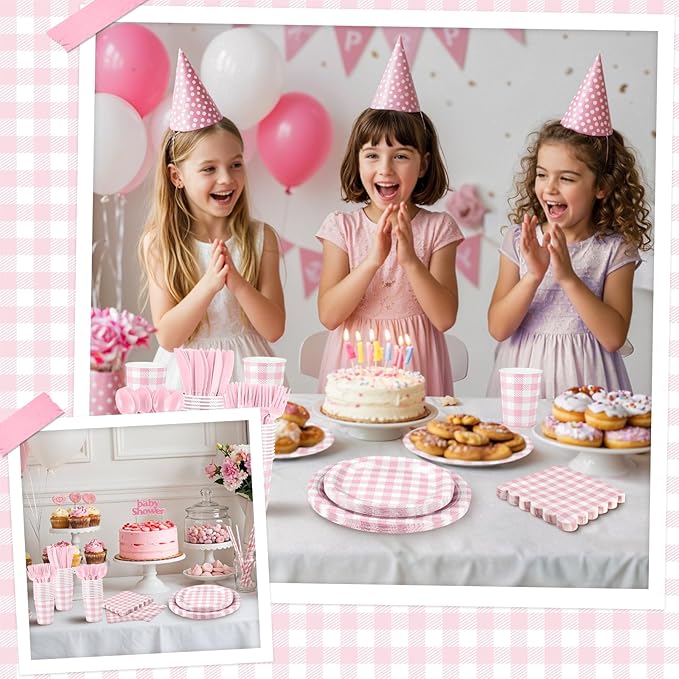 175 Pcs Gingham Paper Plates, Pink Gingham Party Supplies Include Pink Plates and Napkins Cups Disposable Checkered Dinnerware Set for Picnic, Baby Shower, Wedding