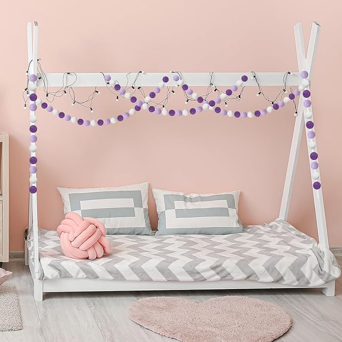Boao 2 Pieces Wool Felt Ball Garland Colorful Pom Pom Garland Handmade 6.5 Feet Long 24 Balls Felt Banner for Wall Christmas Tree Decoration (Purple,White)