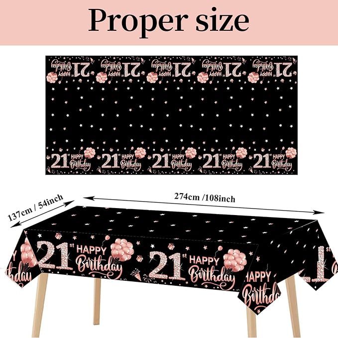 3 Pack Rose Gold 21st Birthday Tablecloth Decorations for Women Girls, Happy 21st Birthday Theme Table Cover Party Supplies, Plastic Disposable Rectangular Table Cloth Decor