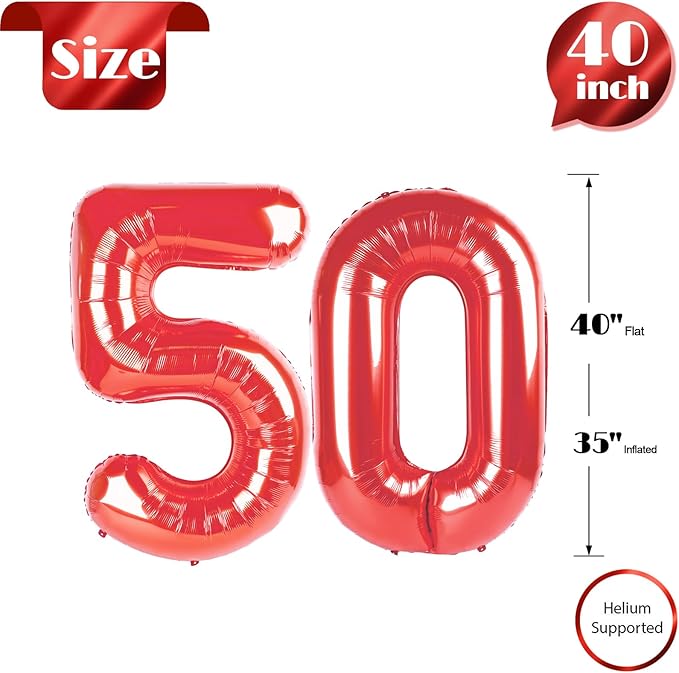 50 Balloon Number, Red Number 50th Birthday Balloons 40 Inch, 50 Years Old Red Birthday Decorations for Men Women, 50th Anniversary Decorations