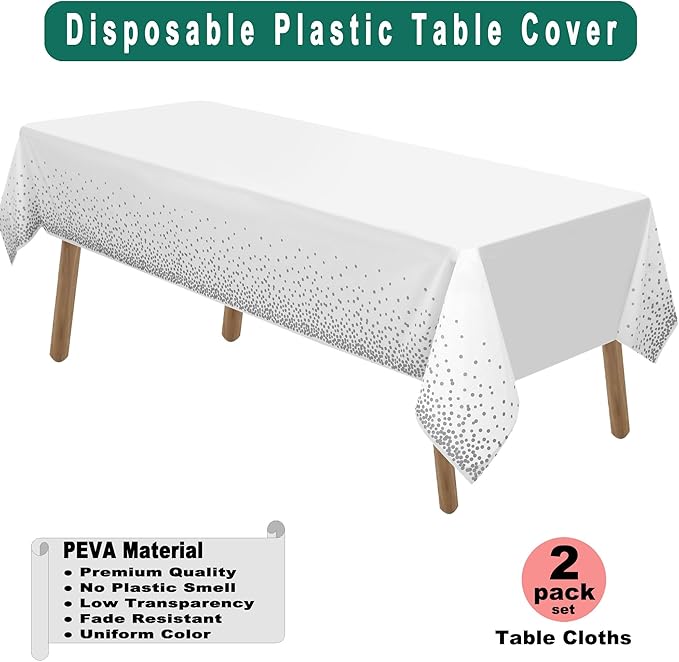 PARTY ULYJA Silver Polka Dots Confetti Plastic Tablecloths 2 Pack White Disposable Table Covers Bridal Shower 54 x 108 Inch Table Cloths for Picnic Birthday Wedding Parties 8 ft Rectangle Table