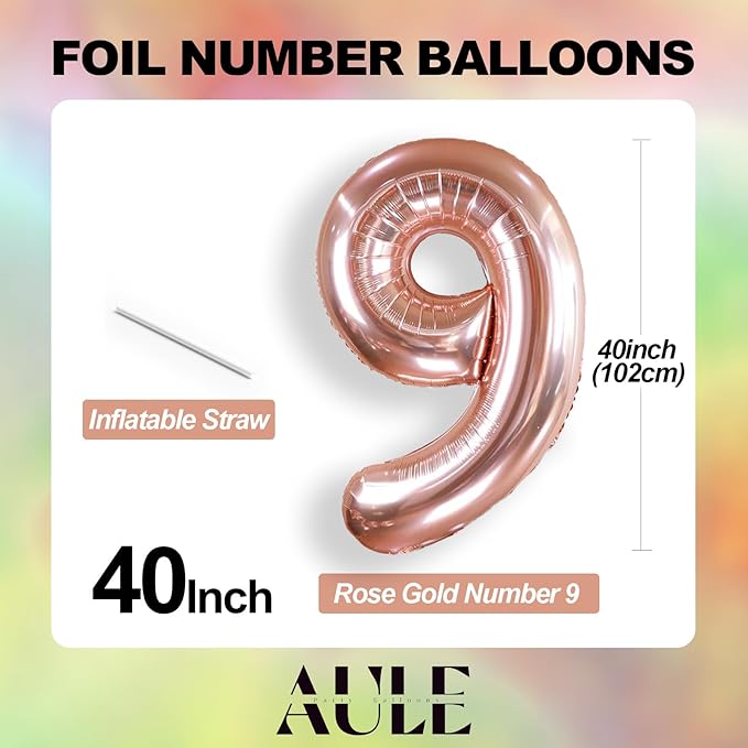 AULE 40 Inch Big Rose Gold 9 Balloon Number Large Foil Helium Number Balloons 0-9 Jumbo Giant Happy 9th Birthday Party Decorations for Boy or Girl Huge Mylar Anniversary Party Supplies