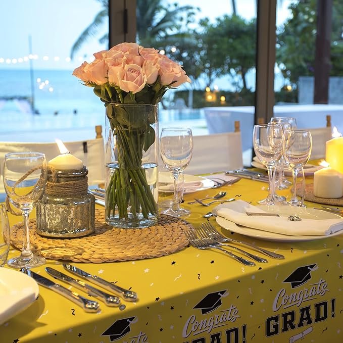 Gatherfun Graduation Tablecloths Graduation Party Table Decorations Waterproof Plastic Rectangular Disposable Table Cover for Congrats Grad Party Supplies 3PCS 54x108 Inch, Gold
