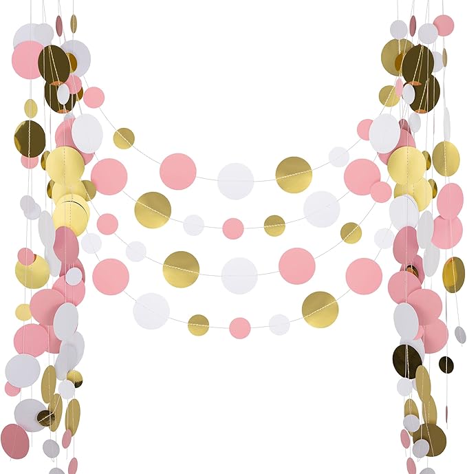 52FT Party Garlands, Paper Garland Circle Dots, Hanging Circle Banner Decorations for Birthday, Party, Wedding, Baby Shower, Graduations, Christmas, Wall Decor (Gold White Red Pink Garlands)