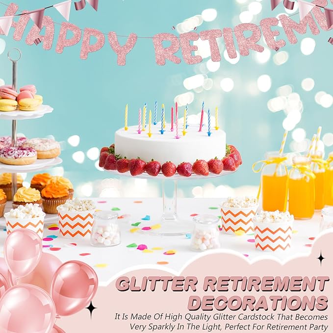 Fulmoon Pre Strung Happy Retirement Banner Glitter Retirement Sign Funny Official Retired Decor Party Decorations Supplies for Men Women Gifts (Rose Gold)