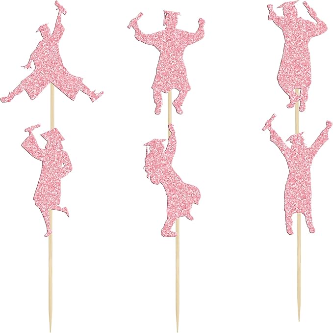 Gyufise 24Pcs 2026 Student Graduation Cupcake Toppers Glitter Class of 2026 Boys Girls Graduate Cap Cupcake Picks for 2026 Graduation Theme Party Cake Decorations Supplies Pink