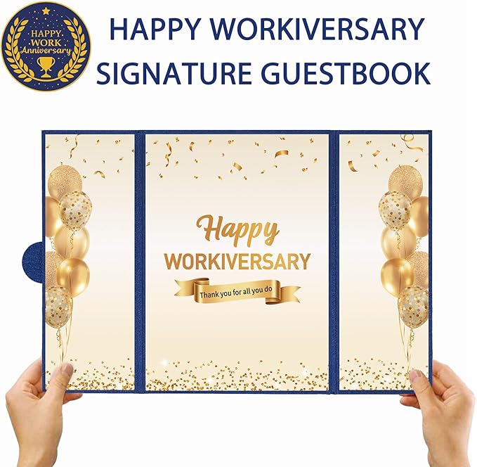 DARUNAXY Blue Gold Happy Workiversary Party Decorations, Happy Work Anniversary Alternative Signature Guest Book for Men Women Employee Business Gifts Signing Card Board for Office Supplies