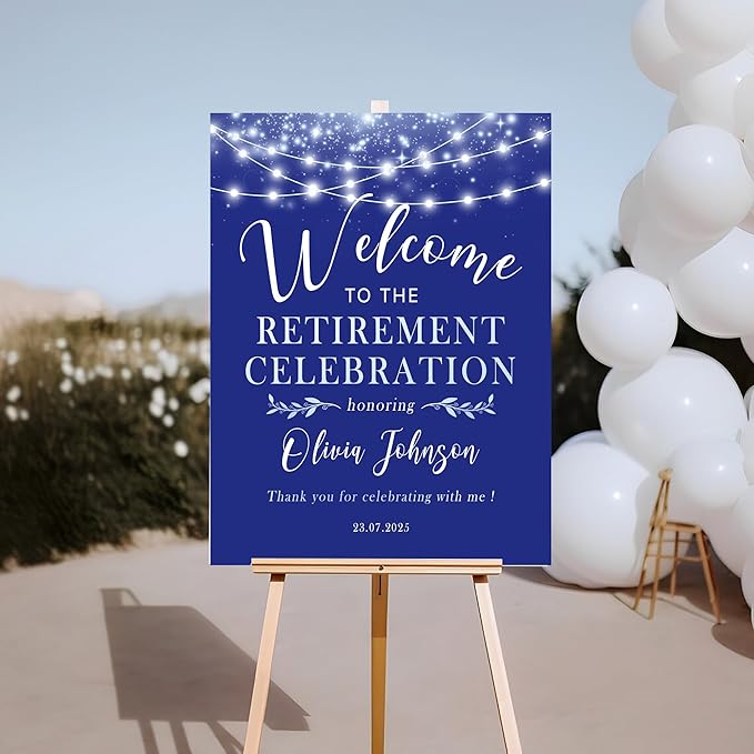 Retirement Celebration Party Welcome Sign, Gold Confetti on and Garland Lights on Navy Retirement Celebration Yard Sign, Customizable Name & Date - Multiple Sizes