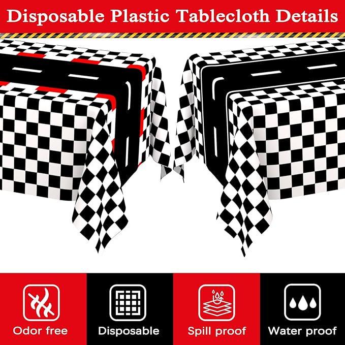 WNINK 4 Pack Race Car Table Cloth and Black White Gingham Tablecloths Disposable Plastic Buffalo Check Tablecloth Checkered Flag Covers for Birthday, Outdoor Picnic, Birthday, Camping 54 × 108 Inch