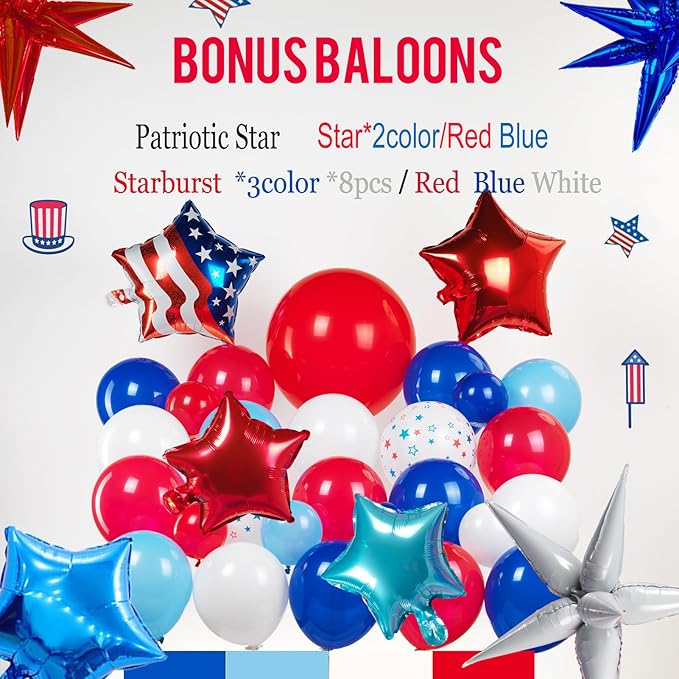 Patriotic balloons Red White and Blue balloon garland arch kit 130+pcs with star print and flag mylar balloon for 4th of july independent day party veterans day decorations