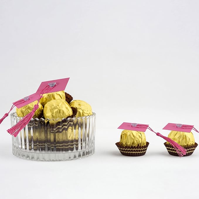 Gyufise 36Pcs 2026 Graduation Cap Cupcake Toppers with Tassel Adhesive Dots Chocolate Decorations Class of 2026 Congrats Grad Cap Cupcake Decorations for 2026 Graduation Theme Party Supplies Pink