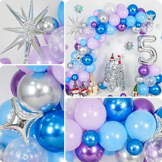 Snow 6th Birthday Decorations Girl, Snowflake Balloon Garland Arch Kit, Laser Explosion Star Balloons, Silver Number 6 Balloon Tower for Baby Shower Girls 6th Snow Theme Party Supplies