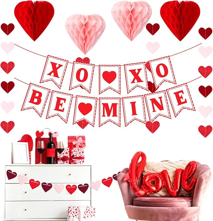 Galentines Party-Decoration Valentines Heart Garland - 25pcs Red Rose-Gold Paper Streamers Honeycomb Fans XOXO BEMINE Banner, Anniversary Baby Shower Wedding Love Hanging Supplies Decor Hugfond