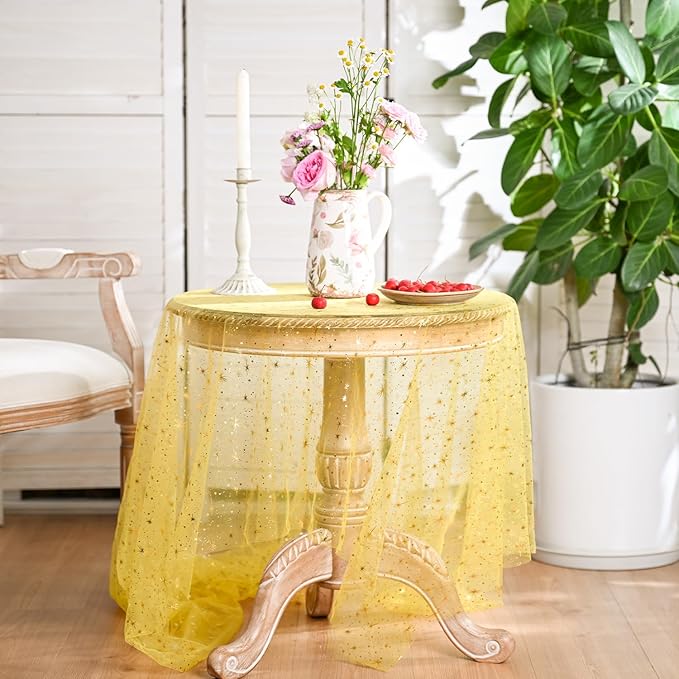 Horaldaily Yellow Gold Sparkling Star Gauze Tablecloth 60x140 Inch Rectangular, Golden Star Sequin Glitter Metallic Foil, Sheer Tulle Cheesecloth for Wedding Baby Shower Party