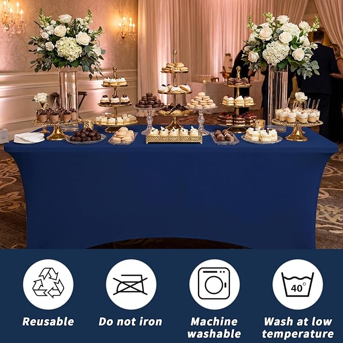 Fixwal 3 Pack Navy Blue Table Cloth for 6 Foot Rectangle Tables, Rectangular Tablecloths Stretch Spandex Fitted Table Covers 6 Ft for Prom Parties, Trade Shows, Banquet, Weddings, Buffet