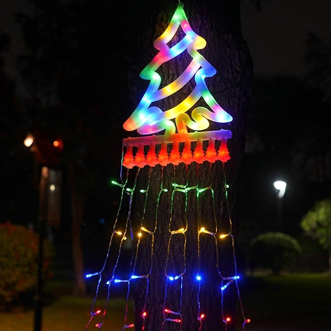 Outdoor Christmas Tree String Lights, 350 LED Christmas Waterfall Lights with 8 Modes, Waterproof, Featuring an 11in Lighted Christmas Tree for Yard Patio Xmas Wedding,Party,New Year (Multi-Color)