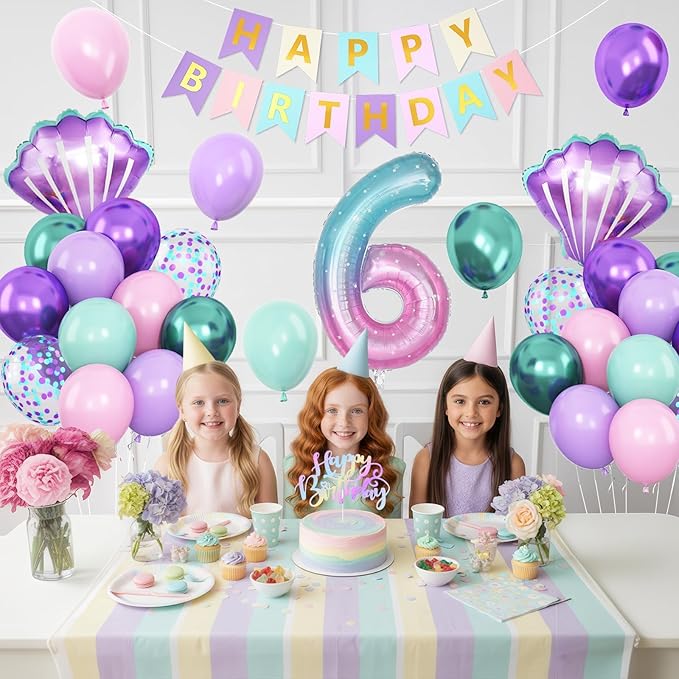 6th Mermaid Birthday Decoration for Girls,Pink Purple Green 6th Birthday Balloon Number 6 Seashell Foil Balloons Banner Mermaid Sea Party Decor Supplies for 6 Year Old