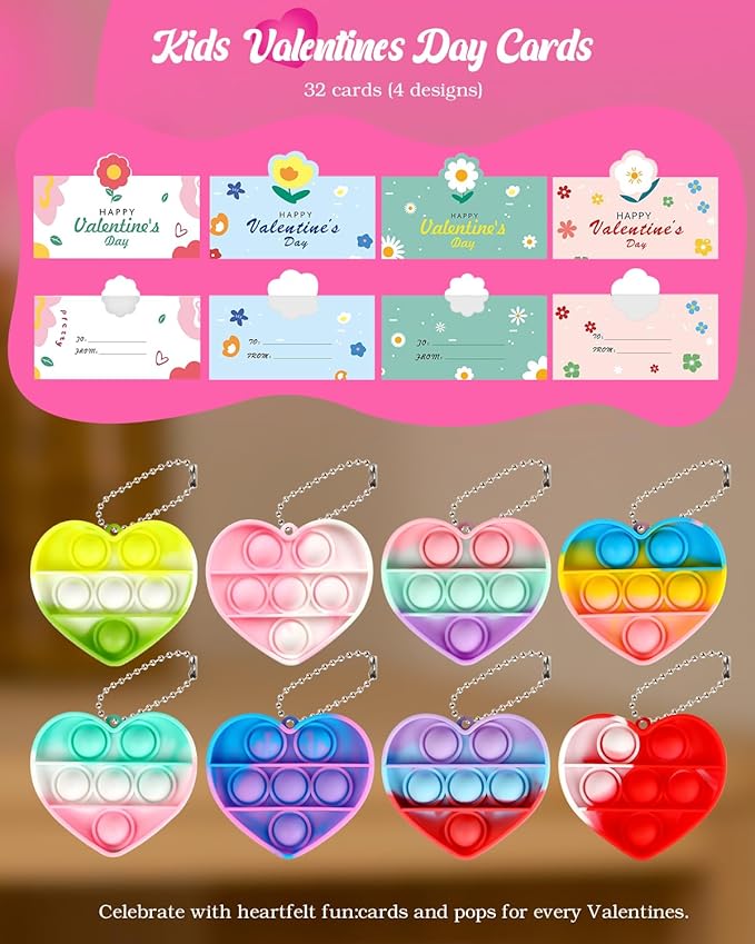 32 Pack Valentine's Day Heart-Shaped Pop Fidget Toys for Kids, Classroom Bulk Gifts with Keychains & Cards, Perfect for School Party & Class Exchanges