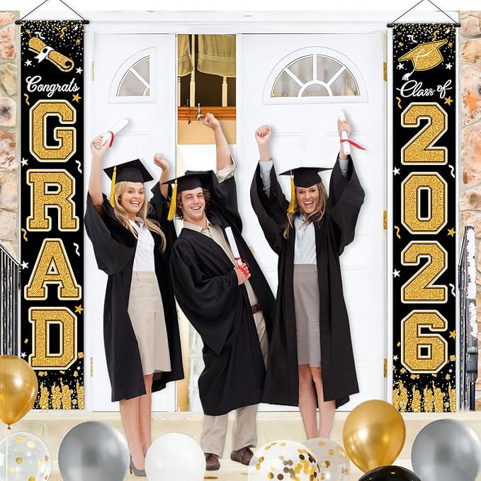 WOHOHOHO 23Pcs Graduation Decorations 2026 Set, Black Gold Porch Door Sign GRAD Banner, Class of 2026 Backdrop, 5 Colors Large Balloons, Party Supplies for High School College Indoor Outdoor Decor
