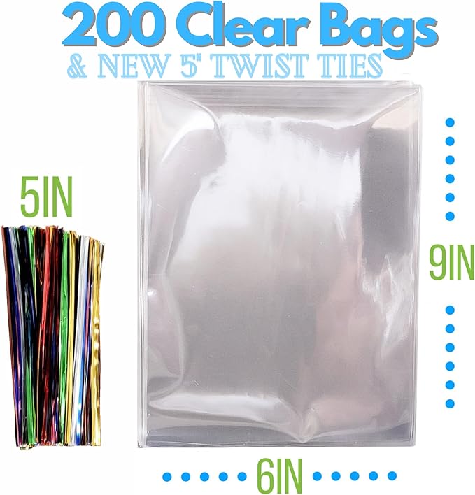 TATTI 200 Pack Clear Cellophane Bags for Favors - Transparent Goodie Bags for Birthday Party, 6x9 Inch Clear Bags with 5-Inch Twist Ties - Candy, Treat, Cookie Bags for Gift Giving
