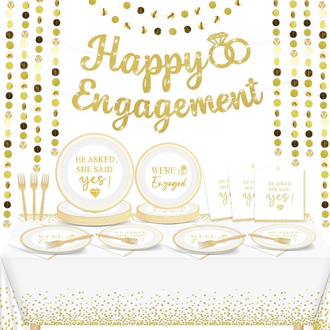 100PCS Engagement Party Decorations She Said Yes Paper Plates Napkins Wedding Tablecloth Glitter Happy Engagement Banner Golden Streamers Garland for Bachelorette Bridal Shower Supplies for 24 Guests