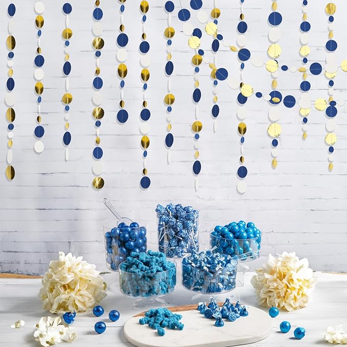 GCQQ 52Ft Blue Gold Circle Garlands Royal Blue Paper Polka Dot Streamer Garland Glitter Circle Dots Hanging Garland for Ramadan Graduations Nautical Ahoy Achor Pirate Party Decoration