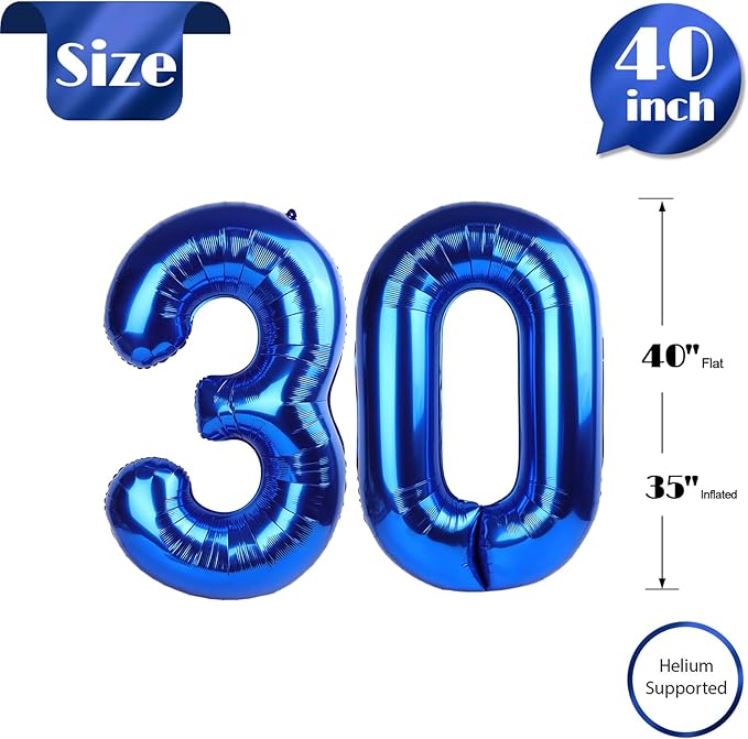 30 Balloon Number, Metallic Blue Number 30th Birthday Balloons 40 Inch, 30 Years Old Metallic Blue Birthday Decorations for Men Women, 30th Anniversary Decorations