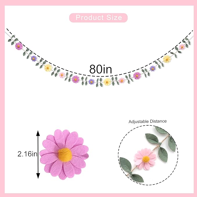 Felt Colorful Daisy Banner - Spring Birthday Wedding Party Decorations,Colorful Flowers Green Leaves Chain Garland,Flower Leaf Party Photo Props,Bohemian Daisy Home Room Hanging Garland