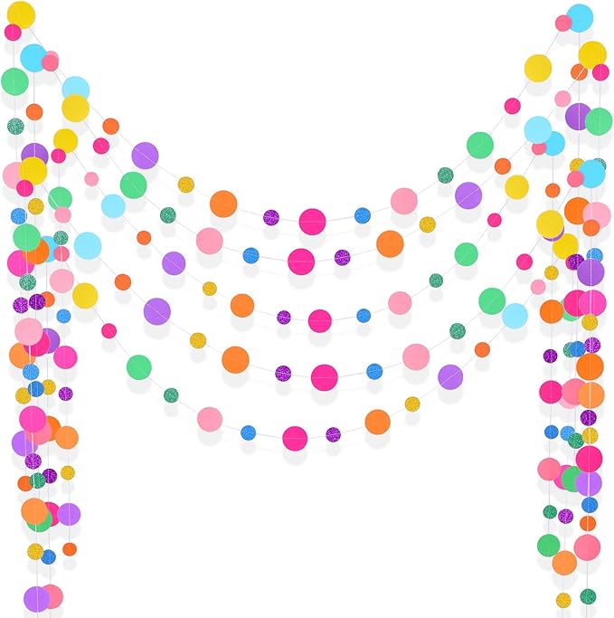 Outus 5 Pieces Colorful Dots Paper Garland Easter Decor Round Glitter Hanging Confetti Streamers Backdrop for Spring Birthday Classroom Halloween Trunk or Treat Car Decoration (Rainbow)